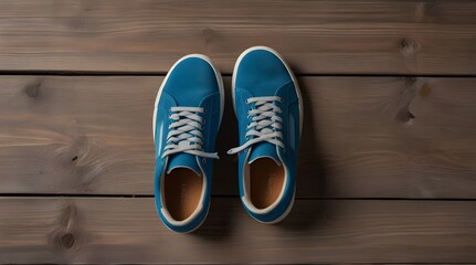 Top view of casual blue suede trainers on grey wooden planks.generative.ai 