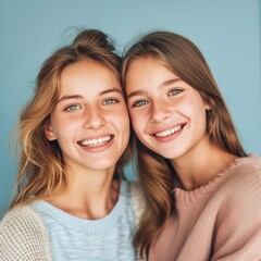 Two young women smiling at the camera - obrazy, fototapety, plakaty