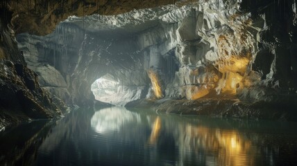 A cave with a river running through it - obrazy, fototapety, plakaty