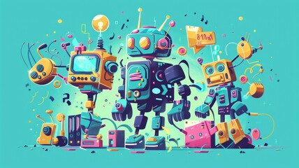 Three robots are standing next to each other on a green background - obrazy, fototapety, plakaty