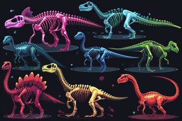 Colorful neon glowing sided dinosaur outline illustration collections on dark background. - obrazy, fototapety, plakaty