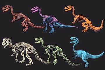 Colorful neon glowing sided dinosaur outline illustration collections on dark background.