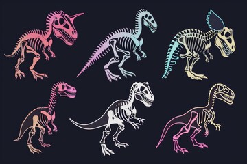 Colorful neon glowing sided dinosaur outline illustration collections on dark background.