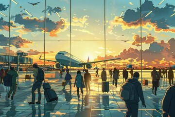Travelers walk through a bustling airport terminal, illuminated by vibrant, futuristic digital flight information screens. - obrazy, fototapety, plakaty