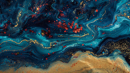 The vibrant life of a coral reef, abstractly depicted with the rich blues of the ocean, the gold of...