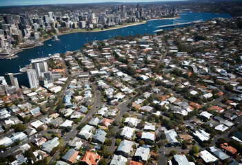 'blue aerial residential helicopter sky cloudy suburbs CBD surrounding city sydney view Sydney Suburb Aerial City Australia Residential View Land Cbd Street Development Downtown Urban Office Tower'