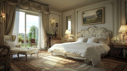 3D Interior of a Bedchamber in Hotel or House with Beautiful Furniture and Garden View 