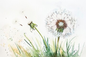 Dandelion Watercolor Botanical Illustration - Blowball Flower in Painting Drawing with Vignetting