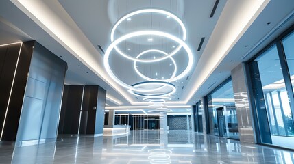 
Imagine a modern circular LED lighting chandelier suspended from the ceiling of a sleek and contemporary commercial building. Its clean lines 