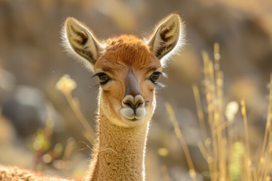 Wild Vicuna in Peru's Brown Valley: A Young Doe near Colca Canyon, with Guanaco, Llama, and Alpaca