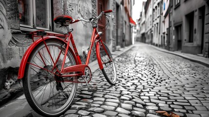 Visualize a retro vintage red bike parked on a cobblestone street in the heart of the old town. The image is rendered in black and white, enhancing the nostalgic charm of the scene