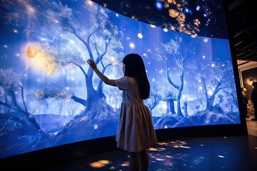 A young girl standing in front of a large screen, looking at the content displayed. Generative AI