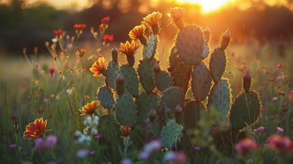 Visualize the enchanting beauty of a Texan sunset, where flowering cacti and Indian blanket wildflowers paint the landscape with vibrant hues.