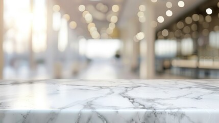 Empty white marble stone table top and blur glass window interior cafe and restaurant banner mock up abstract background - can used for display or montage your products.