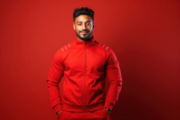 Obraz premium Young and stylish man in tracksuit on red background
