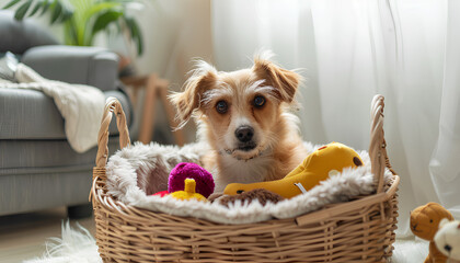 Cute dog in basket and with different pet accessories at home. Banner for design