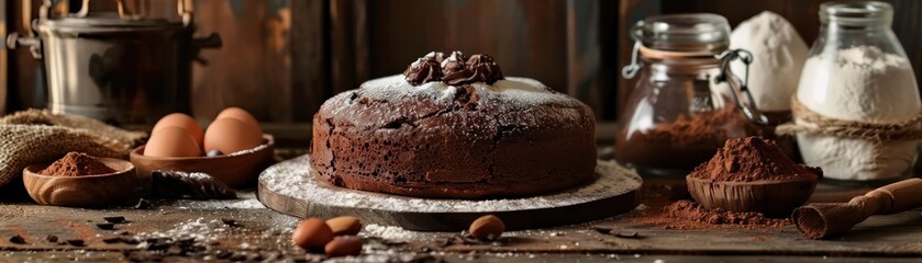 Artistic display of a home baking scene with a freshly baked chocolate cake on a rustic table, surrounded by ingredients like flour, eggs, and cocoa powder,