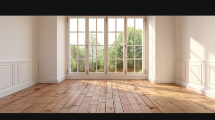 Fototapeta premium Vacant Room in Modern and Neutral Style. Virtual Staging of Apartment with Hardwood Floors, Clean