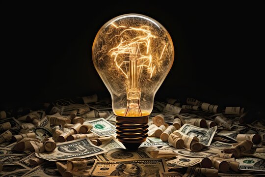 A light bulb sitting on top of a pile of money, symbolizing wealth and ideas. Generative AI