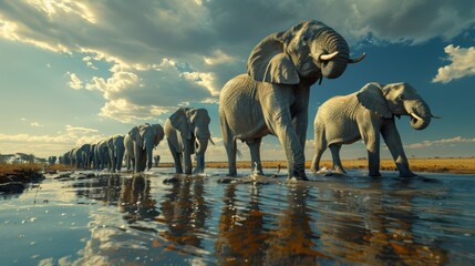 Elephant Family Drinking at a Water Hole Wide Angle Shot with Big Sky Reflections in the Water - Powered by Adobe