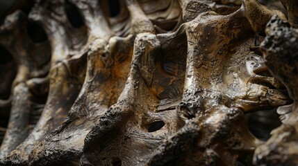 A detailed close up of a weathered and aged dinosaur skeleton, showing intricate bone structure and...