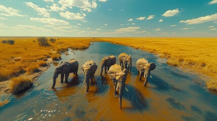 Elephant Family Drinking at a Water Hole Wide Angle Shot with Big Sky Reflections in the Water