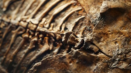 A detailed close-up of the weathered and aged texture of a dinosaur skeleton