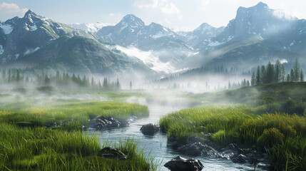 meadow with a stream flowing and mountain background