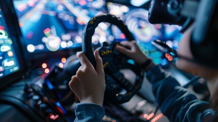 Closeup of student operating controls while driving car with steering wheel