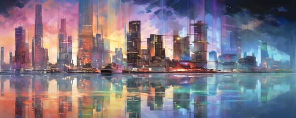 A beautiful cityscape painting of a modern city with skyscrapers and a river in the foreground, done in an impressionist style with vibrant colors. - obrazy, fototapety, plakaty