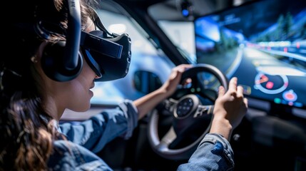 A woman is driving a car while wearing a virtual headset, interacting with the controls