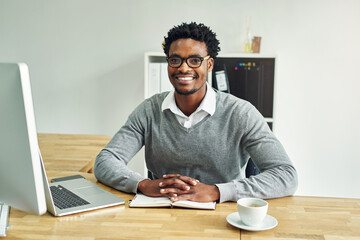 Portrait, businessman and laptop with notebook in office as Software developer for research or...