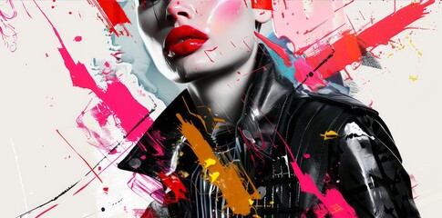 abstract collage of a fashion young model girl posing on camera, short haircutand vibrant make up, red lips and rock style, colorful bright background	
