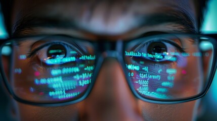 A person wearing glasses is shown up close, with a focus on the frames and the reflection of computer screens displaying code