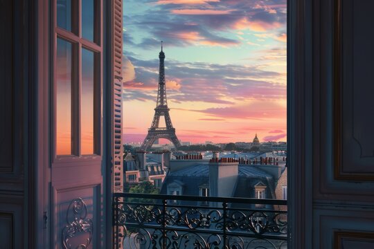 tour eiffel iconic symbol of Paris city view from a romantic window room