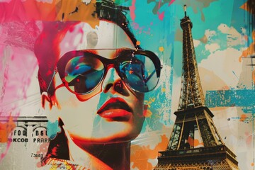 pop art illustration collage style of Tour Eiffel, Paris city symbol , travel destination concept 