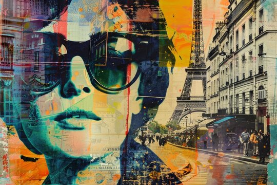 pop art illustration collage style of Tour Eiffel, Paris city symbol , travel destination concept 