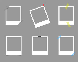 Set of polaroid realistic vector photo frames on sticky tape, with buttons and clothespin on gray background. Photo template design. Vector illustration