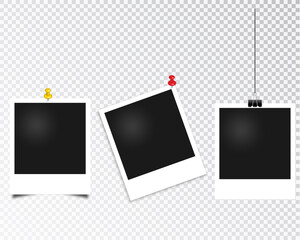 Set of polaroid vector photo frames on transparent background. Photo design. Template of photo frames on sticky tape. Vector illustration