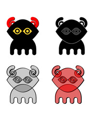 Four different monster faces with different colors and expressions