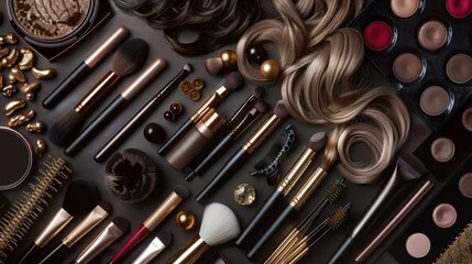 Various cosmetics and makeup brushes neatly displayed on a table, showcasing a range of beauty products