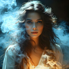 Fototapeta premium A haunting banshee with hair flowing like mist and eyes glowing with otherworldly light. AI Generative