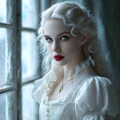 Fototapeta premium A hauntingly beautiful vampire with pale skin and piercing eyes, a hint of danger in their gaze. AI Generative
