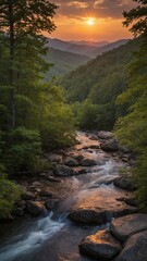 River winds through lush, forested valley as sun sets behind distant mountains, casting warm glow over landscape. Water cascades over rocks, creating small waterfalls, rapids.