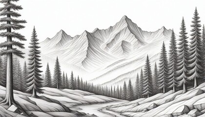 A Drawing Of Mountains And Trees A Detailed Drawin (13)