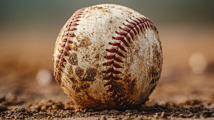 Close up of a used baseball laying in the dirt.
