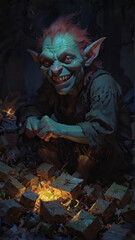 A cunning goblin with a toothy grin and a twinkle in their eye, surrounded by a pile of pilfered loot