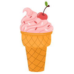 Ice-cream swirl in wafer cone. Summer frozen dessert, takeaway ice cream with cherry flavor. Cold cool sugar snack. Vector illustration isolated