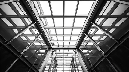 Abstract architecture background. Modern office building with glass windows. Black and white.