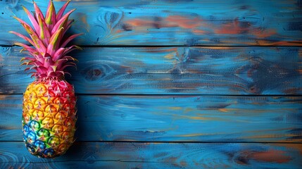 A vibrant pineapple painted in an array of colors sits on a rustic blue wooden table. LGBTQIA+